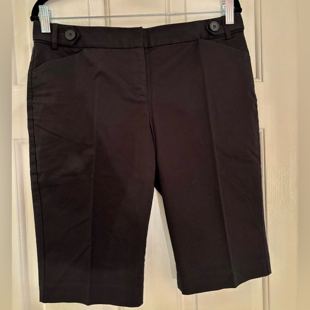 Editor Black Bermuda Cotton Stretch Shorts with Pockets & Adjustable Waist $50